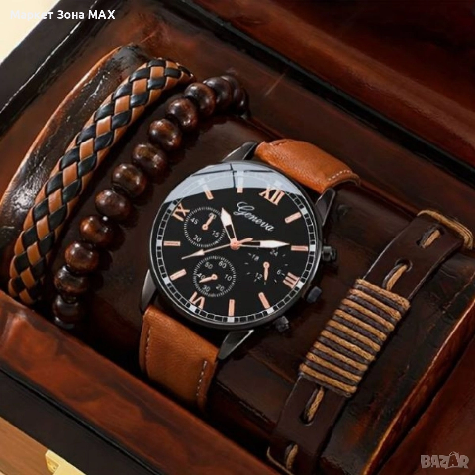 Елегантен Комплект ръчен Часовник с три гривни – стилен аксесоар за всеки повод, снимка 1