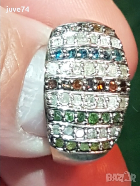 СРЕБЪРЕН ПРЪСТЕН С  ЕСТЕСТВЕНИ  МНОГОЦВЕТНИ (ЖЪЛТИ,СИНИ,ЗЕЛЕНИ,ЧЕРВЕНИ,ЦВЯТ ШОКОЛАД И БЕЛИ) ДИАМАНТИ, снимка 1