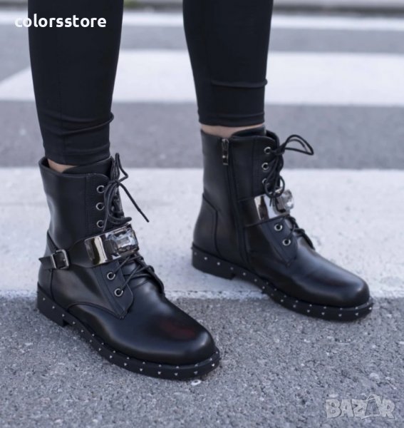 Равни боти - черна кожа с камък - B328-H730, снимка 1