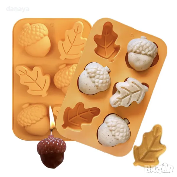 5607 Силиконова форма Есенно листо и Жълъди, 6 гнезда, снимка 1