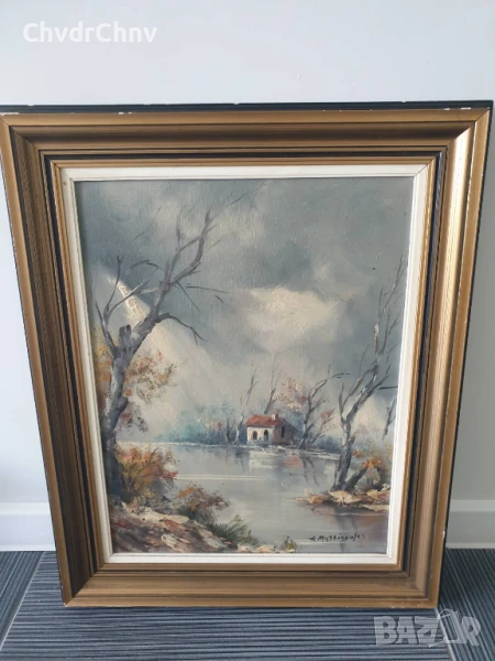 67х55см/голяма картина масло върху платно/есенен пейзаж/къща-река-дървета/дървена рамка, снимка 1