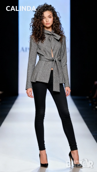 Дизайнерско сако с колан кафяв меланж, снимка 1