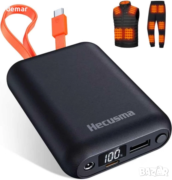 Външна батерия за отопляеми дрехи 20000 mAh 7,4 V/5 V, вграден USB-C кабел, LED дисплей, снимка 1