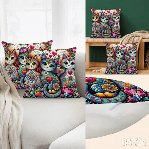 Комплект от 2 бр. декоративни плюшени калъфки за възглавници с ципче в "Бохо" стил с красиви котета-, снимка 1