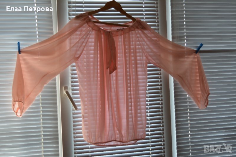 Бледо розова тюлена риза с връзване на яката, снимка 1