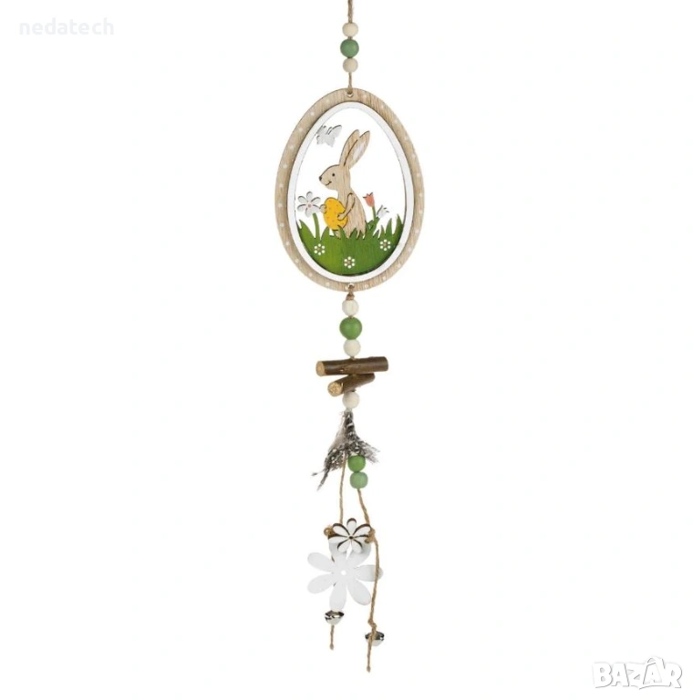 Великденска дървена декорация със зайче и звънчета, 60 см., снимка 1