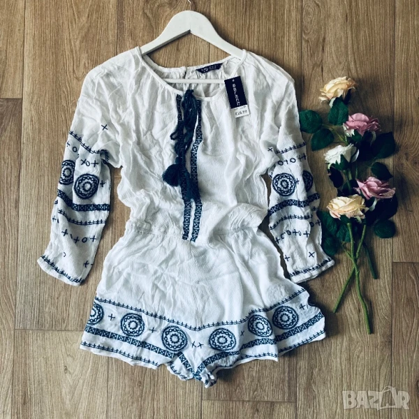 РАЗПРОДАЖБА Нов летен дамски бял гащеризон в бохо стил, с къс крачол размер 38 S/M, снимка 1