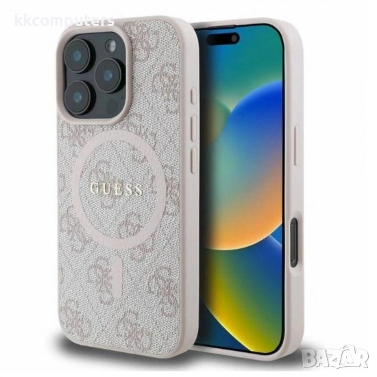 Оригинален кейс Guess HC MagSafe PU 4G Ring Classic Logo и Протектор За iPhone 16 Pro (6.3), Розов, снимка 1