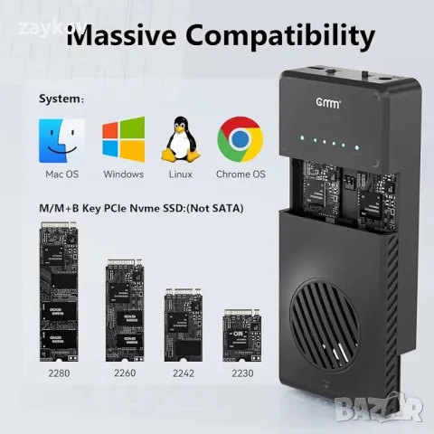 NVMe M.2 Dual Bay Duplicator Clone Enclosure, USB към NVME адаптер, снимка 2 - Друга електроника - 47963931