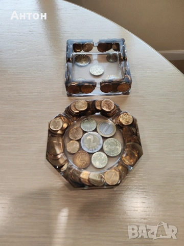 Пепелник с български монети от епоксидна смола
