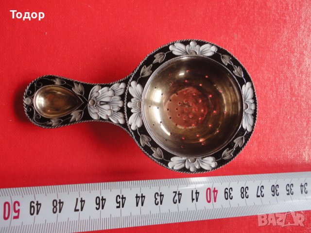 Уникална руска сребърна цедка за чай емайл позлата 916