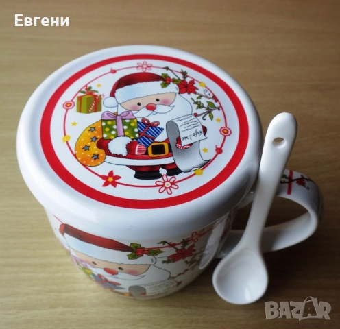 Коледна чаша с капаче и лъжичка от порцелан в коледна опаковка, снимка 2 - Чаши - 52500669