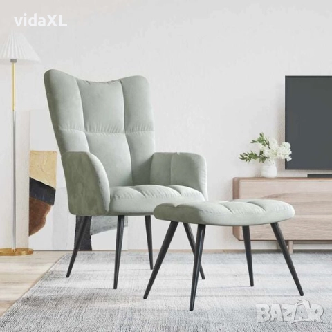 vidaXL Релаксиращ стол с табуретка, светлосив, кадифе(SKU:328084), снимка 2 - Столове - 52920721