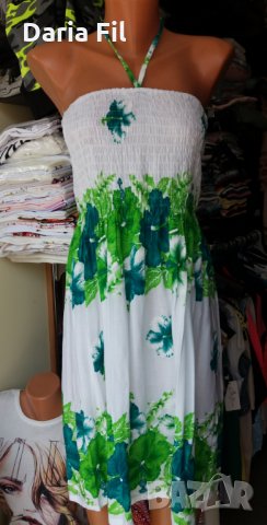 Бяла рокля на зелени цветя с тънки презрамки и ластично бюстие в горната си , снимка 1