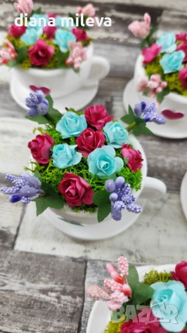Сладурски чашки с нежни цветлета в тюркоаз и розово!!, снимка 5 - Декорация за дома - 53304069