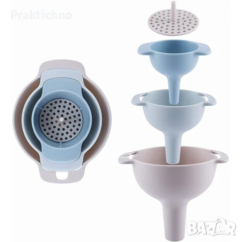 Комплект 3 фунии и 1 филтър за прецеждане, за течни и зърнести храни, снимка 1