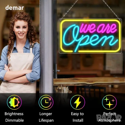 LED неонов надпис We Are Open, 42x23 см, USB захранване, (розово&синьо&жълто), снимка 2 - Лед осветление - 47512364