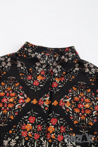 Дамска риза в черно с флорален принт и дълги буфан ръкави, снимка 6 - Ризи - 50849661