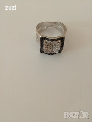 Сребърен пръстен  с черни и бели цирконий - 925 сребро , снимка 3 - Пръстени - 30466516