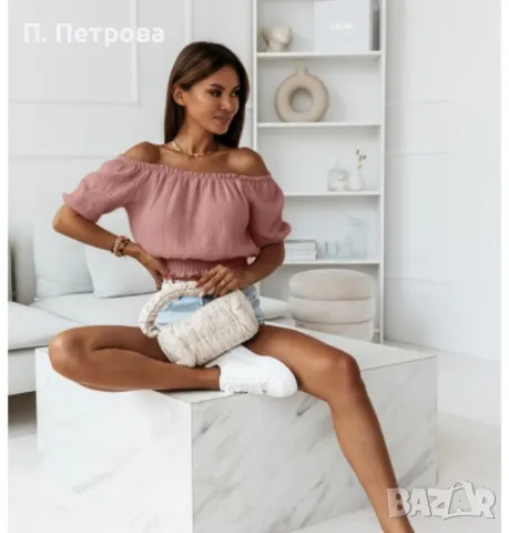 розова къса блузка с голи рамене H&M , снимка 2 - Тениски - 37429598