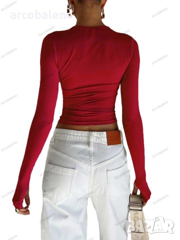 Дамска едноцветна Hot Girl Slim Fit тениска с кръгло деколте и дълъг ръкав, 8цвята, снимка 3 - Тениски - 42771314