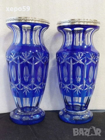 Комплект Прекрасни кристални вази със сребърни гривни''Бохемия кристал-1900 год.сребро 800, снимка 2 - Вази - 52565851