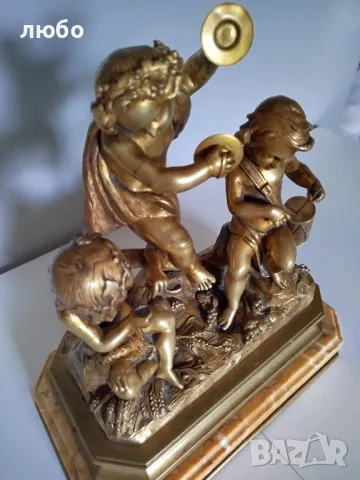 БРОНЗОВА СКУЛПТУРА 19-ВЕК Франция ДЕЦА МУЗИКАНТИ ВЪВ ПОЗЛАТА , снимка 10 - Антикварни и старинни предмети - 49271493