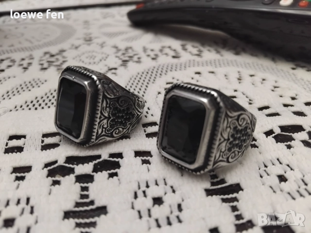 Голям красив мъжки пръстен неръждаема стомана с правоъгълен черен камък, снимка 8 - Пръстени - 52672263