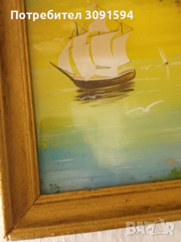 красива картина пейзаж рисувана от вътрешната страна на стъклото със дървена винтидж рамка , снимка 18 - Антикварни и старинни предмети - 44398853