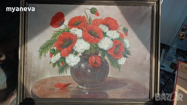 Стара картина с маслени бои върху платно в дървена рамка. 