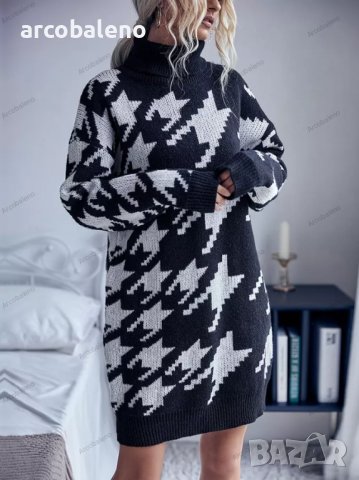Дамска широка рокля-пуловер с ретро принт и висока яка - 023, снимка 6 - Рокли - 39061311