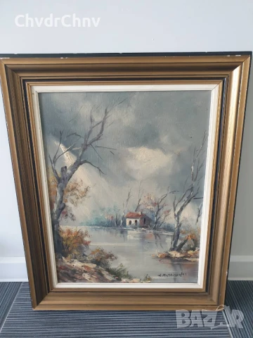 67х55см/голяма картина масло върху платно/есенен пейзаж/къща-река-дървета/дървена рамка