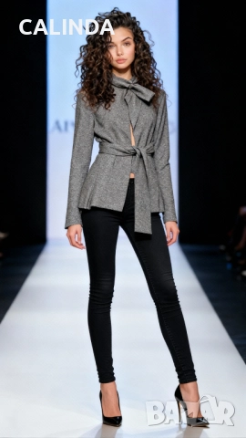 Дизайнерско сако с колан кафяв меланж