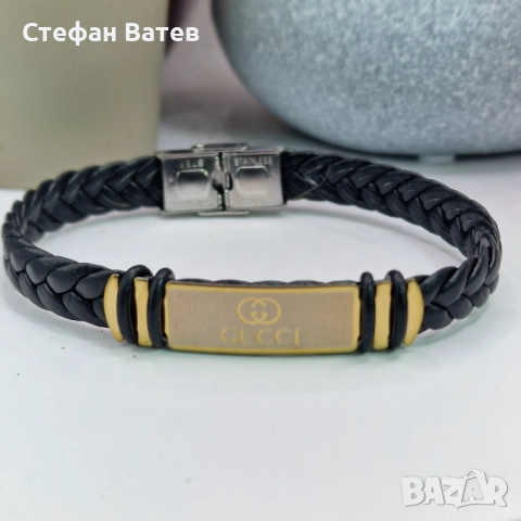 Мъжка кожена гривна Gucci с плочка от медицинска стомана