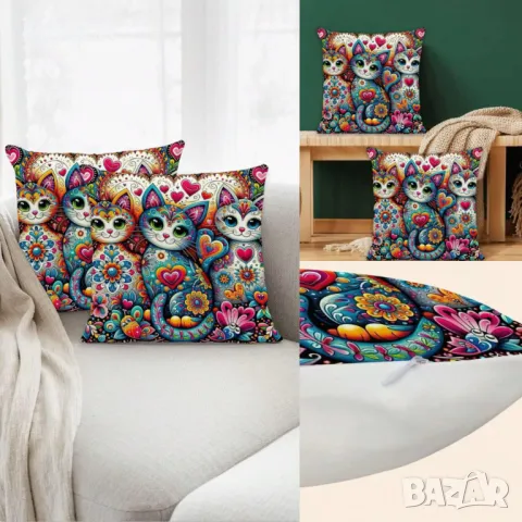Комплект от 2 бр. декоративни плюшени калъфки за възглавници с ципче в "Бохо" стил с красиви котета-, снимка 1