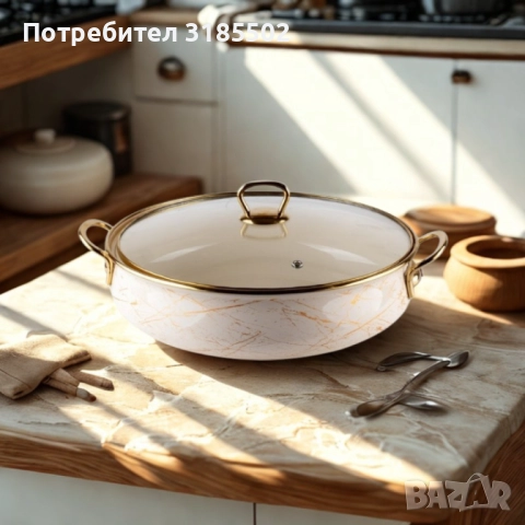 Тенджера Goldmann 24x8см. 3.2л./ 26x8.5см. 4л. Плитка. Емайл. Индукция. Бял/Старо злато, снимка 4 - Съдове за готвене - 51500692