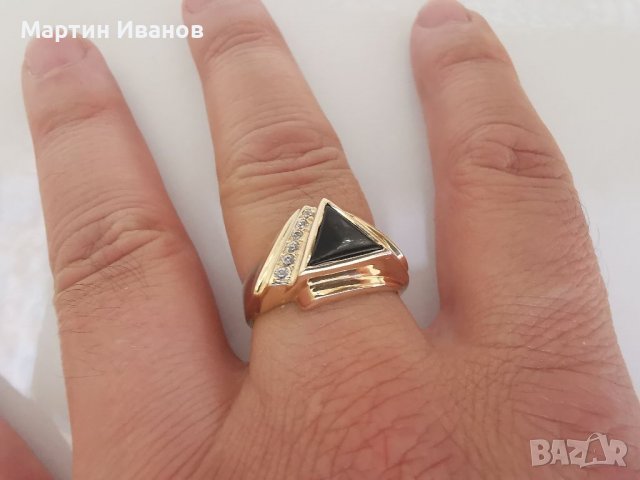 Златен мъжки пръстен с оникс и циркони , снимка 8 - Пръстени - 36935137