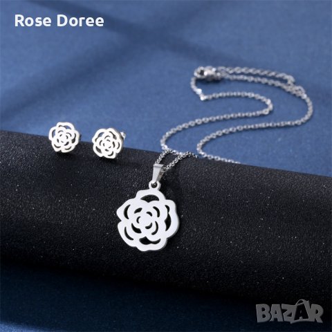 RD 321 Комплект Роза бижута обеци и колие в сребристо медицинска стомана безплатна доставка, снимка 1