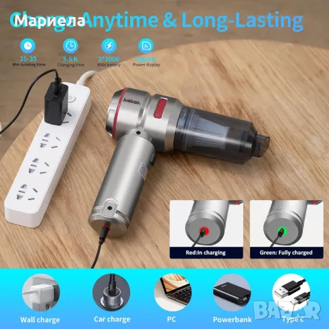 Акумулаторна Прахосмукачка за Кола и за Дома 6000mAh / 16 000Pa / Мощна Ръчна Прахосмукачка, снимка 6 - Прахосмукачки - 49673224