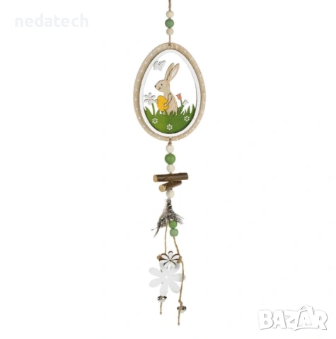 Великденска дървена декорация със зайче и звънчета, 60 см.