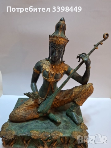 Бронзова позлатена статуетка на богинята Сарасвати , снимка 2 - Антикварни и старинни предмети - 52674008