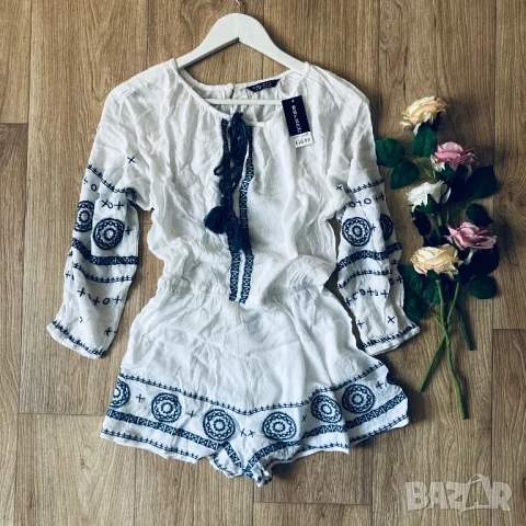 РАЗПРОДАЖБА Нов летен дамски бял гащеризон в бохо стил, с къс крачол размер 38 S/M