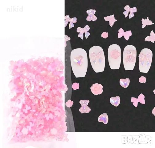 20 бр 3d микс малки панделки сърца розички панделка сърце мече розови декорация нокти маникюр акрил, снимка 5 - Продукти за маникюр - 48429412