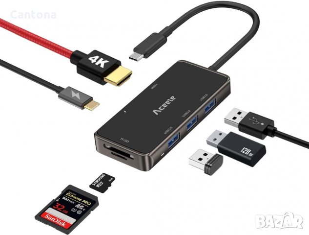 USB C хъб Aceele 7 в 1 USB C към HDMI 4K , PD 100W, 3хUSB 3.0, SD/TF