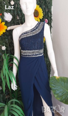 официална бална синя рокля с камъни и цепка, снимка 2 - Рокли - 42356045