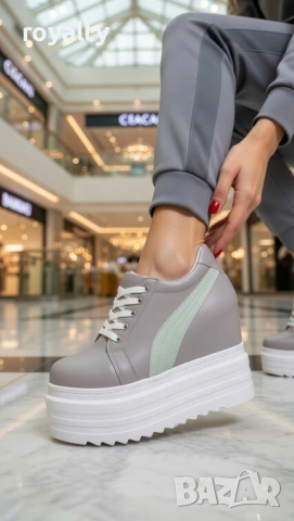 Кецове на платформа - сиви със зелена лента, снимка 2 - Кецове - 54028868