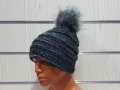 Нова дамска плетена шапка тъмносин меланж с помпон/пух, снимка 8