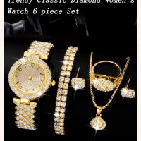 Луксозен комплект с часовник гривна колие пръстен и обеци, снимка 1 - Гривни - 44303502
