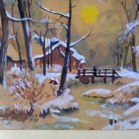 Зимен пейзаж, акварел, стара картина, снимка 3 - Картини - 29121088