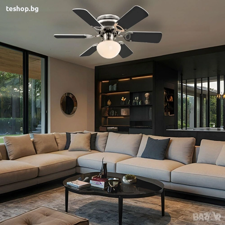 Вентилатор за таван Globo MDF за всекидневна, лампа с стъкло, снимка 1